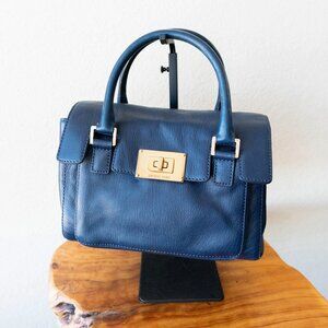 Michael Kors Navy Blue Leather Satchel | Gold Hardware | Structured Handbag